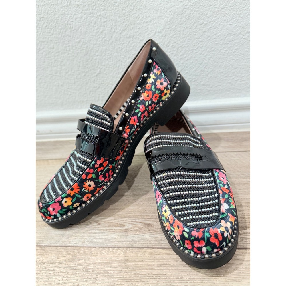 Betsey Johnson Darian Floral Rhinestone Pearl Lug Sole Loafers Black Multi 10M